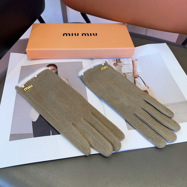 GLOVES IN KHAKI BEIGE WOOL MIX RABBIT FUR 458604