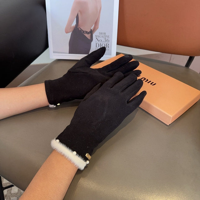 GLOVES IN BLACK WOOL MIX RABBIT FUR 458605