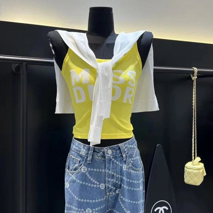 TANK TOP 615186 IN WHITE AND YELLOW COTTON RIBBED KNIT