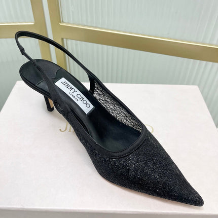JIMMY CHOO 26S SLINGBACK PUMPS 65 MM IN BLACK GLITTER MESH