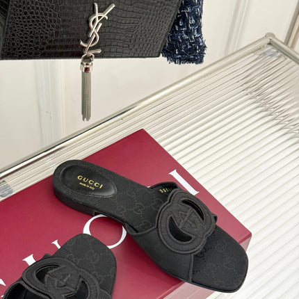 SLIDE SANDALS IN BLACK FABRIC EMBOSSED LOGO STYLE 1