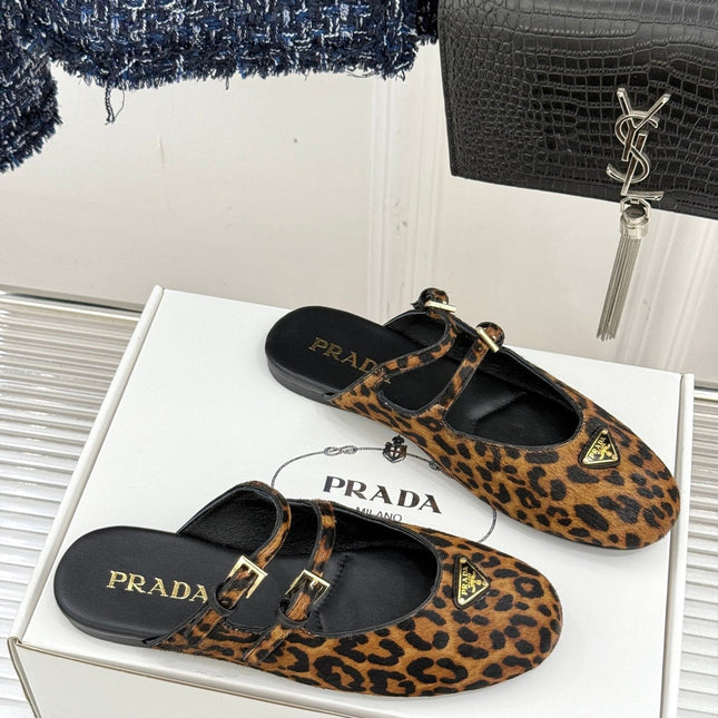 PRADA 25S DUAL MARY JANE BALLERINA MULES IN LEOPARD PRINT PONY HAIR