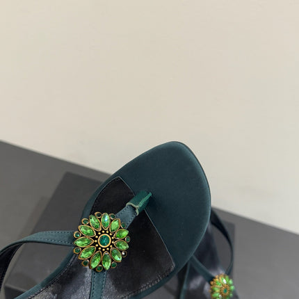 YSL HEELED THONG SANDALS 25S IN DARK ARMY GREEN SATIN WITH CRYSTAL