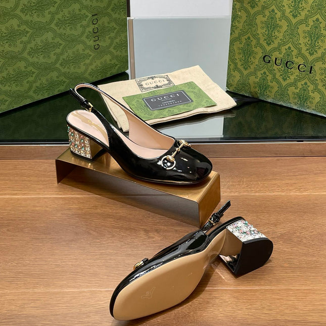 WOMEN'S HORSEBIT SLINGBACK 55MM IN BLACK CALFSKIN WITH RHINSTONES