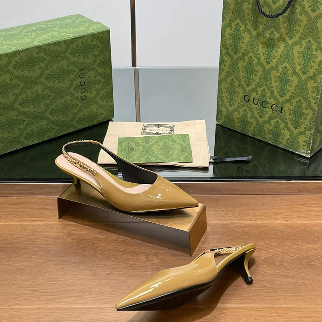 GG HIGH SLINGBACK 4.5 CM IN DIJON YELLOW GLOSSY CALFSKIN WITH GOLD HARDWARE