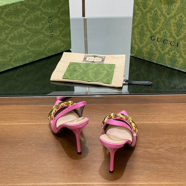 GG HIGH SLINGBACK 10.5 CM IN FUSICA PINK GLOSSY CALFSKIN WITH GOLD HARDWARE