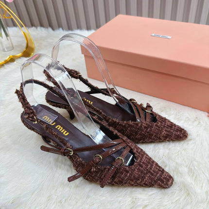CROSS STRAP HIGH HEELED SLINGBACK IN CHOCOLATE TWEED