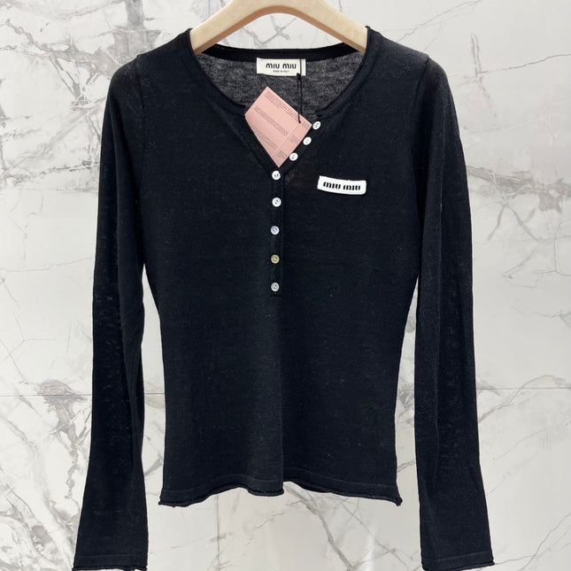 MIUMIU 26S V-NECK BUTTONED LONG-SLEEVE KNIT TOP 1430