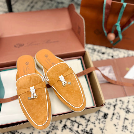 Loro Piana Salmon White Suede Charms Walk Flat Mules