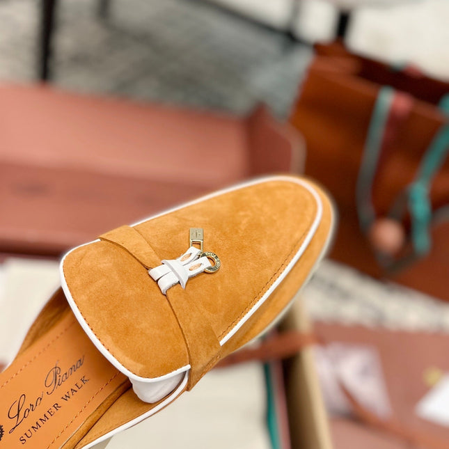 Loro Piana Salmon White Suede Charms Walk Flat Mules