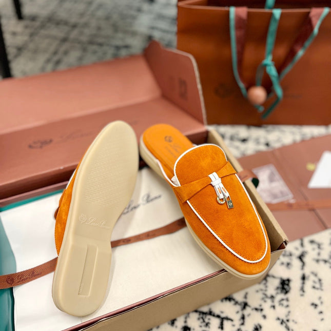 Loro Piana Carrot White Suede Charms Walk Flat Mules