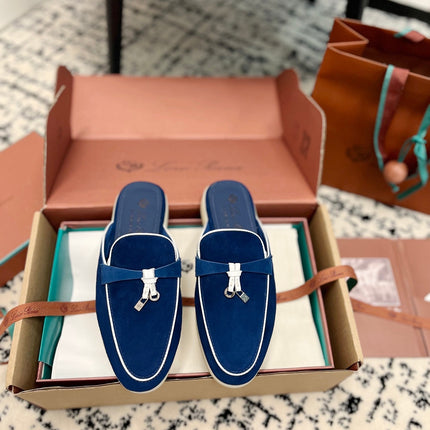 Loro Piana Dark Blue White Suede Charms Walk Flat Mules