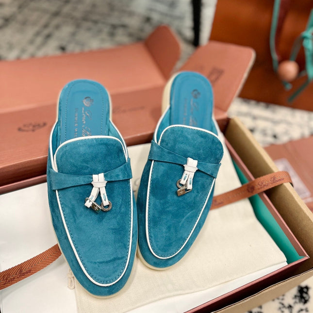 Loro Piana Ocean Blue White Suede Charms Walk Flat Mules