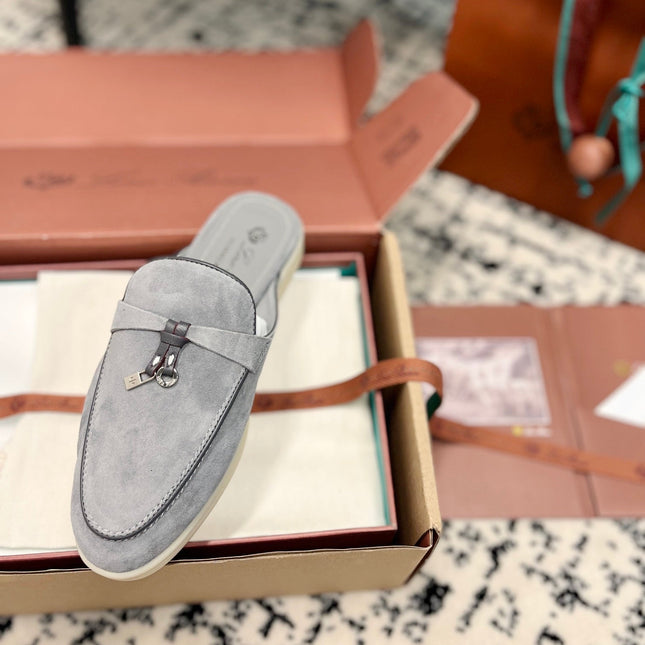 Loro Piana Grey Black Suede Charms Walk Flat Mules