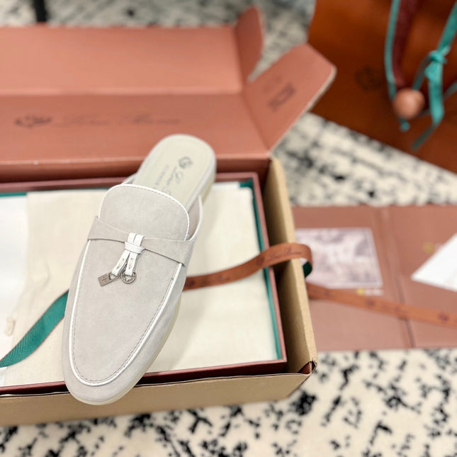 Loro Piana Grey White Suede Charms Walk Flat Mules
