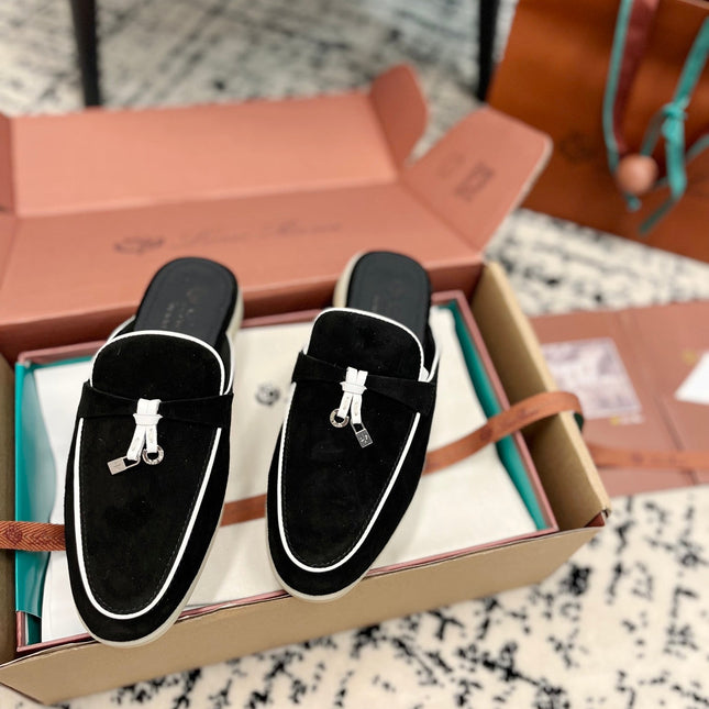 Loro Piana Black White Suede Charms Walk Flat Mules