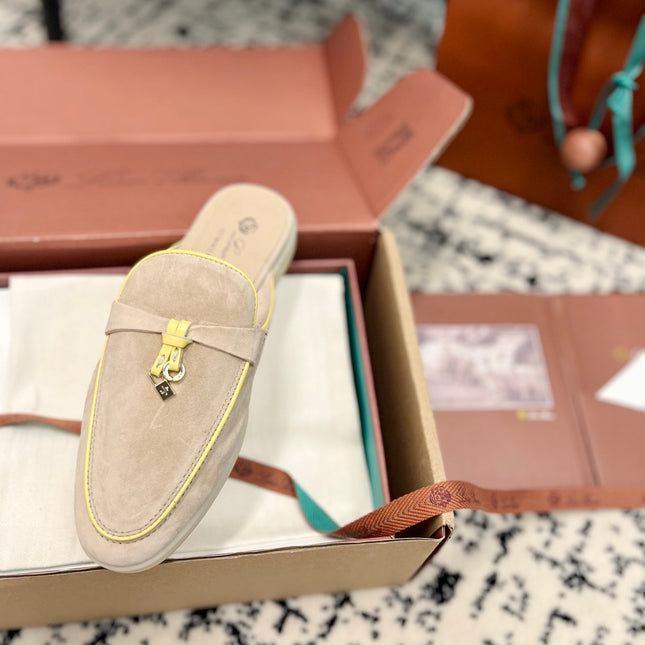 Loro Piana Beige Yellow Suede Charms Walk Flat Mules
