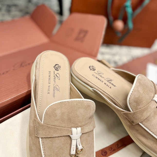 Loro Piana Beige White Suede Charms Walk Flat Mules