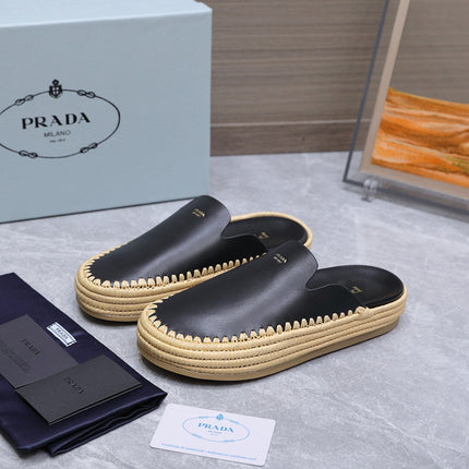 PRADA 26S MULES ESPADRILLES IN BLACK CALFSKIN