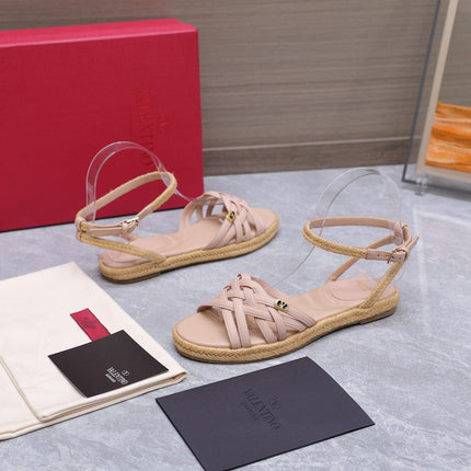 VALENTINO 26S FLAT ESPADRILLE SANDALS IN LIGHT PINK CALFSKIN WITH BRAIDED STRAPS