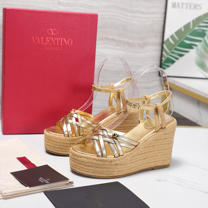VALENTINO 26S WEDGE SANDALS 110MM IN GOLD CALFSKIN WITH BRAIDED STRAPS