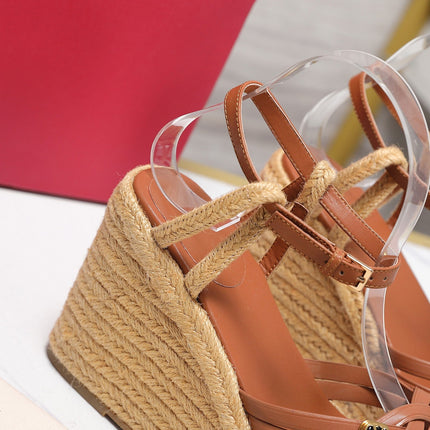 VALENTINO 26S WEDGE SANDALS 110MM IN TAN BROWN CALFSKIN WITH BRAIDED STRAPS