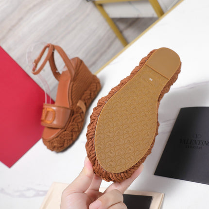 VALENTINO 26S WEDGE SANDALS 110MM IN CARAMEL BROWN CALFSKIN BRAIDED ROPE PLATFORM