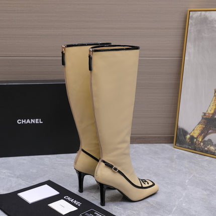CHANEL 26S KNEE HIGH BOOTS 80 MM  IN BEIGE CALFSKIN WITH BLACK PATENT LEATHER TRIM AND CC LOGO ON TOE CAP