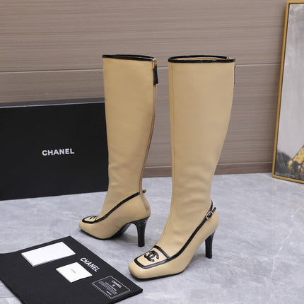 CHANEL 26S KNEE HIGH BOOTS 80 MM  IN BEIGE CALFSKIN WITH BLACK PATENT LEATHER TRIM AND CC LOGO ON TOE CAP