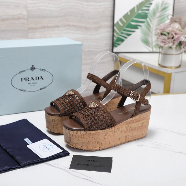 PRADA 26S WEDGE SANDALS IN DARK BROWN CROCHET AND LEATHER