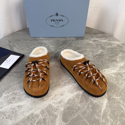 PRADA 26S WOVEN MULES IN COGNAC BROWN SUEDE