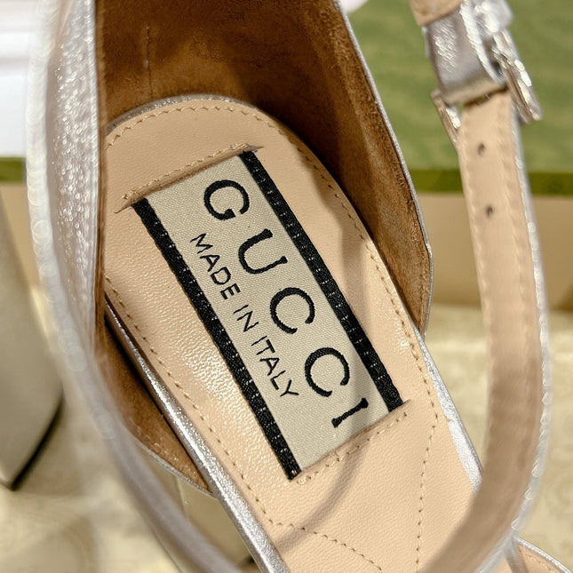 GG CRYSTALS PLATFORM PUMPS SILVER CALFSKIN