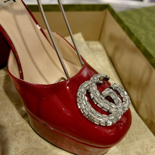 GG CRYSTALS PLATFORM PUMPS SCARLET CALFSKIN