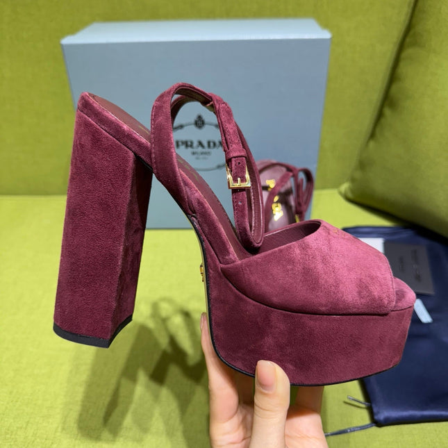 PRADA 25S HIGH-HEEL SANDALS 140 MM IN DEEP WINE RED SUEDE STYLE 5