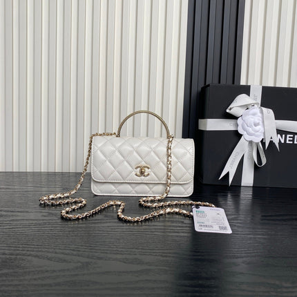 CHANEL 25S MINI FLAP BAG WITH TOP HANDLE 18 IN WHITE LAMBSKIN GOLD HARDWARE