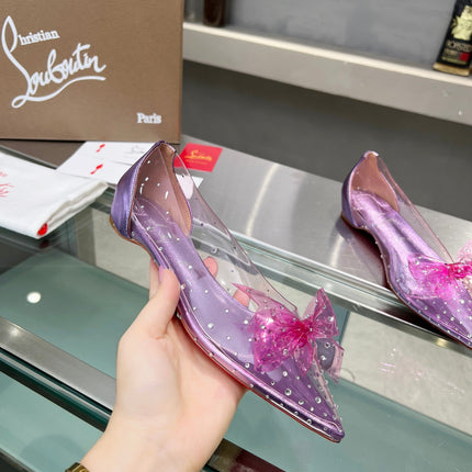 CHRISTIAN LOUBOUTIN 26S BOW EMBELLISHED FLATS IN PURPLE LEATHER AND PVC