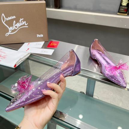 CHRISTIAN LOUBOUTIN 26S BOW EMBELLISHED FLATS IN PURPLE LEATHER AND PVC