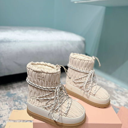 MIUMIU 26S ANKLE SNOW BOOTS IN BEIGE FABRIC