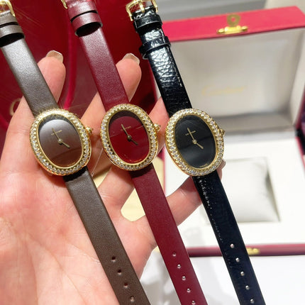 BAIGNOIRE WATCH GOLD CASE AND LEATHER STRAP WITH CRYSTALS