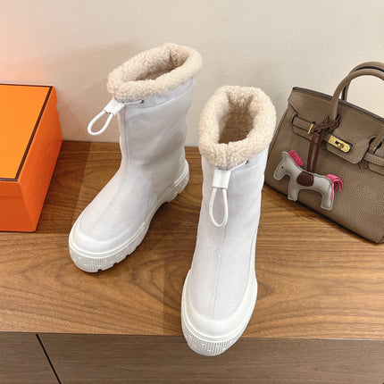 HM 26S SHEARLING DRAWSTRING BOOTS IN WHITE SUEDE