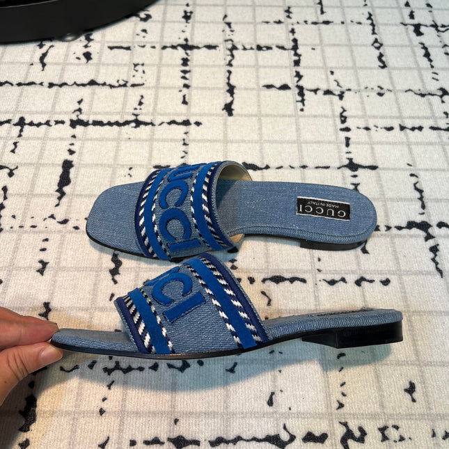 GG SLIDE SANDAL WITH GUCCI SCRIPT STONE DENIM