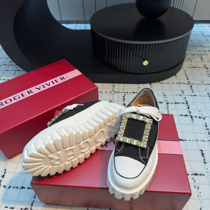VIV' GO-THICK STRASS BUCKLE SLIP-ON SNEAKERS IN BLACK CANVAS
