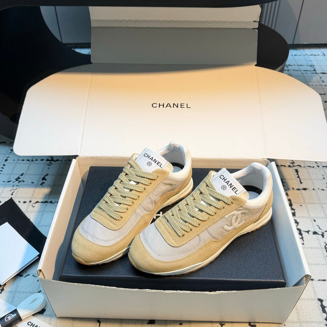 CHANEL 26S CHUNKY SNEAKERS IN LIGHT GREY FABRIC AND YELLOW SUEDE