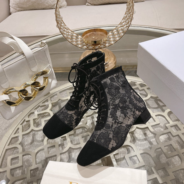 NAUGHTILY-D ANKLE BOOT BLACK TRANSPARENT MESH AND SUEDE EMBROIDERED WITH ROSES MOTIF 35 MM