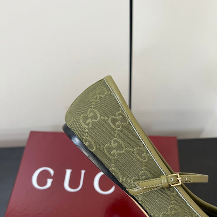 GG MARY JANE 25S IN MOSS GREEN CANVAS WITH GOLD HARDWARE