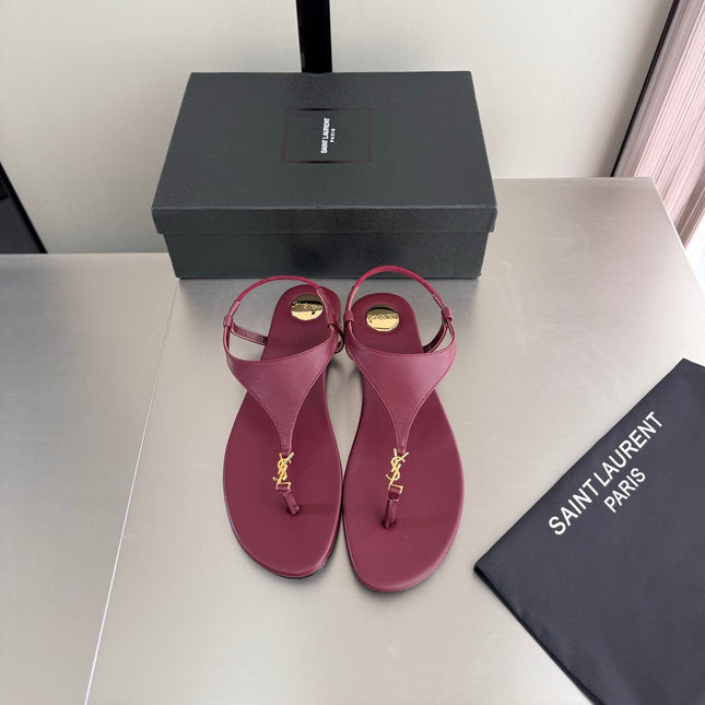 YSL 26S THONG SANDALS IN DARK RED CALFSKIN WITH GOLD HARDWARE