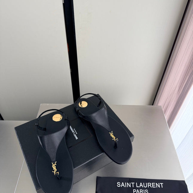 YSL 26S THONG SANDALS IN BLACK CALFSKIN WITH GOLD HARDWARE
