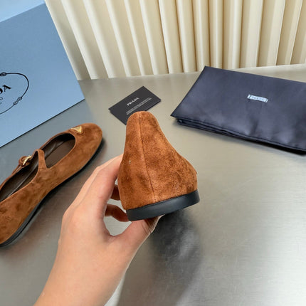 PRADA 26S MARY JANE FLATS IN COGNAC BROWN SUEDE