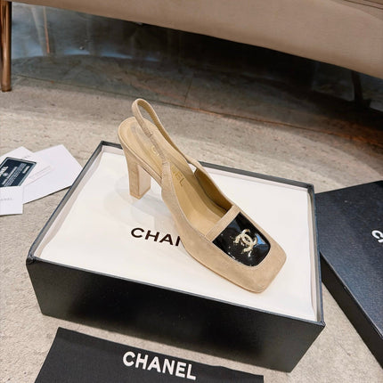 CHANEL 26S SQUARE TOE SLINGBACK PUMPS 95MM IN BEIGE AND BLACK SUEDE GOLD HARDWARE