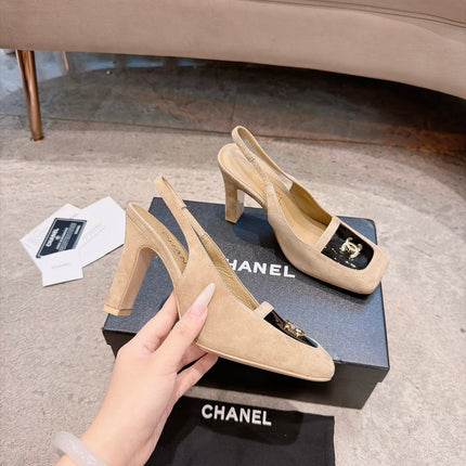 CHANEL 26S SQUARE TOE SLINGBACK PUMPS 95MM IN BEIGE AND BLACK SUEDE GOLD HARDWARE